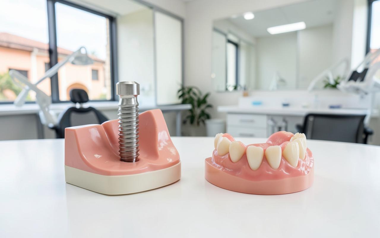 Modelo dental comparando un implante de titanio y un puente fijo en el consultorio del Dr. Marco Morales en Durango